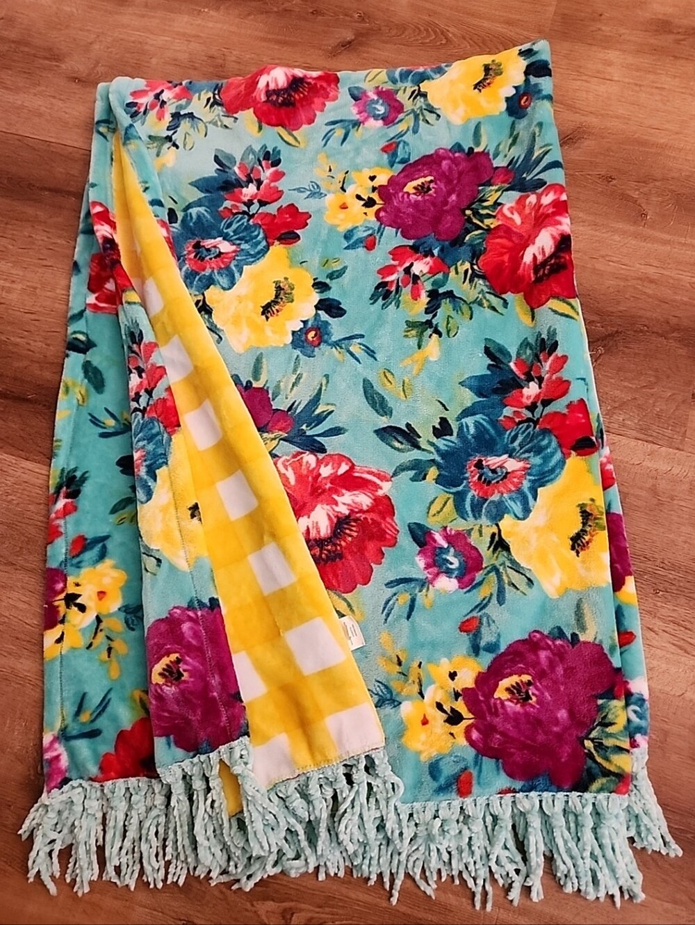 Pioneer Woman Reversible Plush Floral/Checked Throw Blanket w/Fringe 50"x72"